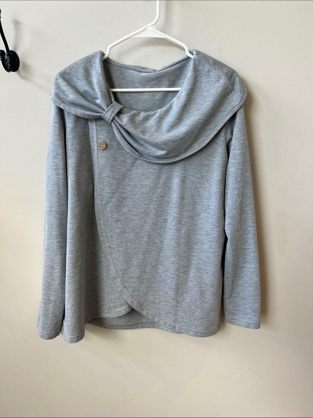 Cozy Gray Draped Knit Sweater with Button Detail